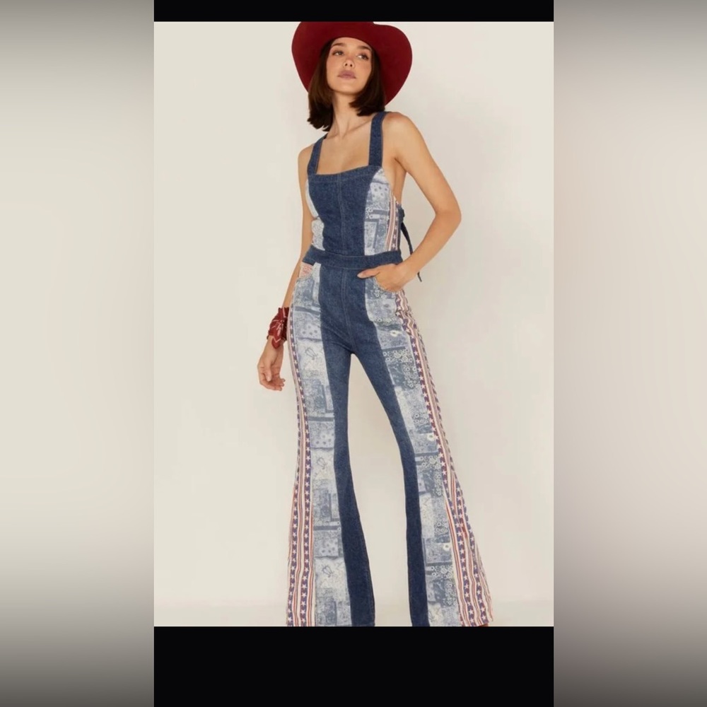 Free people Dallas denim flare hem jumpsuit